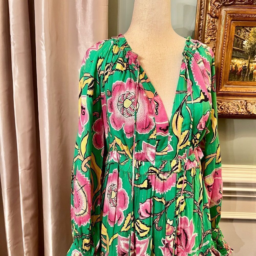 $345 Love the Label Tessa Green Pink Yellow Floral Tiered Maxi Dress Size SMALL - Picture 4 of 8
